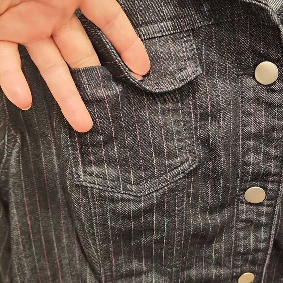 Christopher & Banks Women's Black/ Blue Striped Button Front Denim Jacket Large - Picture 10 of 13